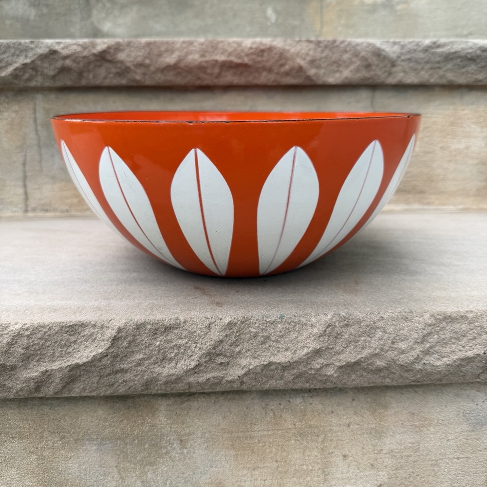 Vintage Cathrine Holm Enamelware Norway 11" Lotus Bowl Orange & White MCM